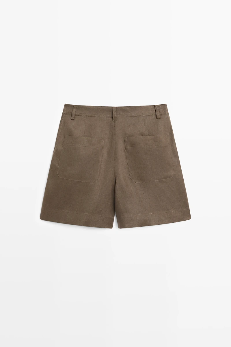 Pleated 100% linen shorts