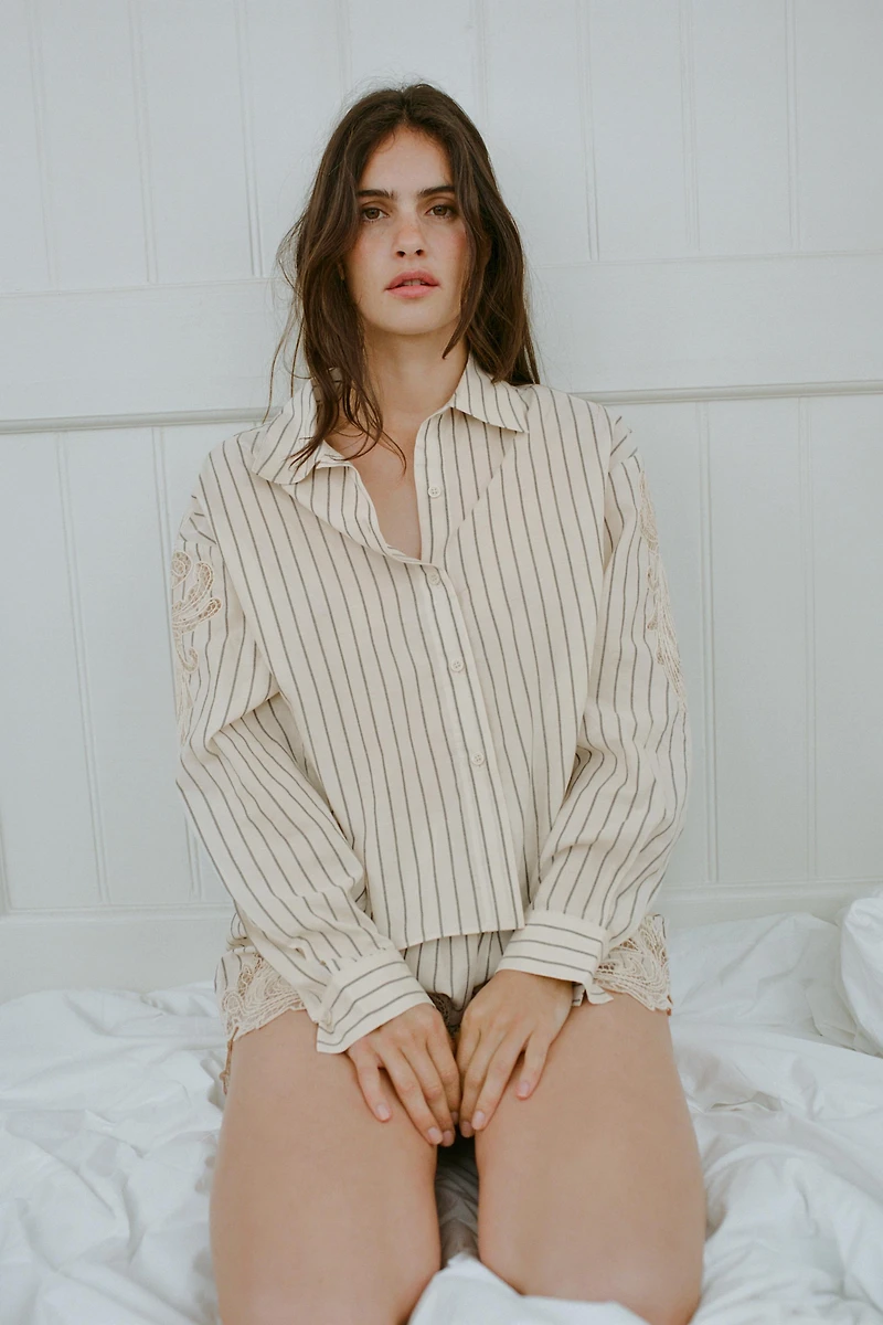 EMBROIDERED LACE STRIPED SHIRT