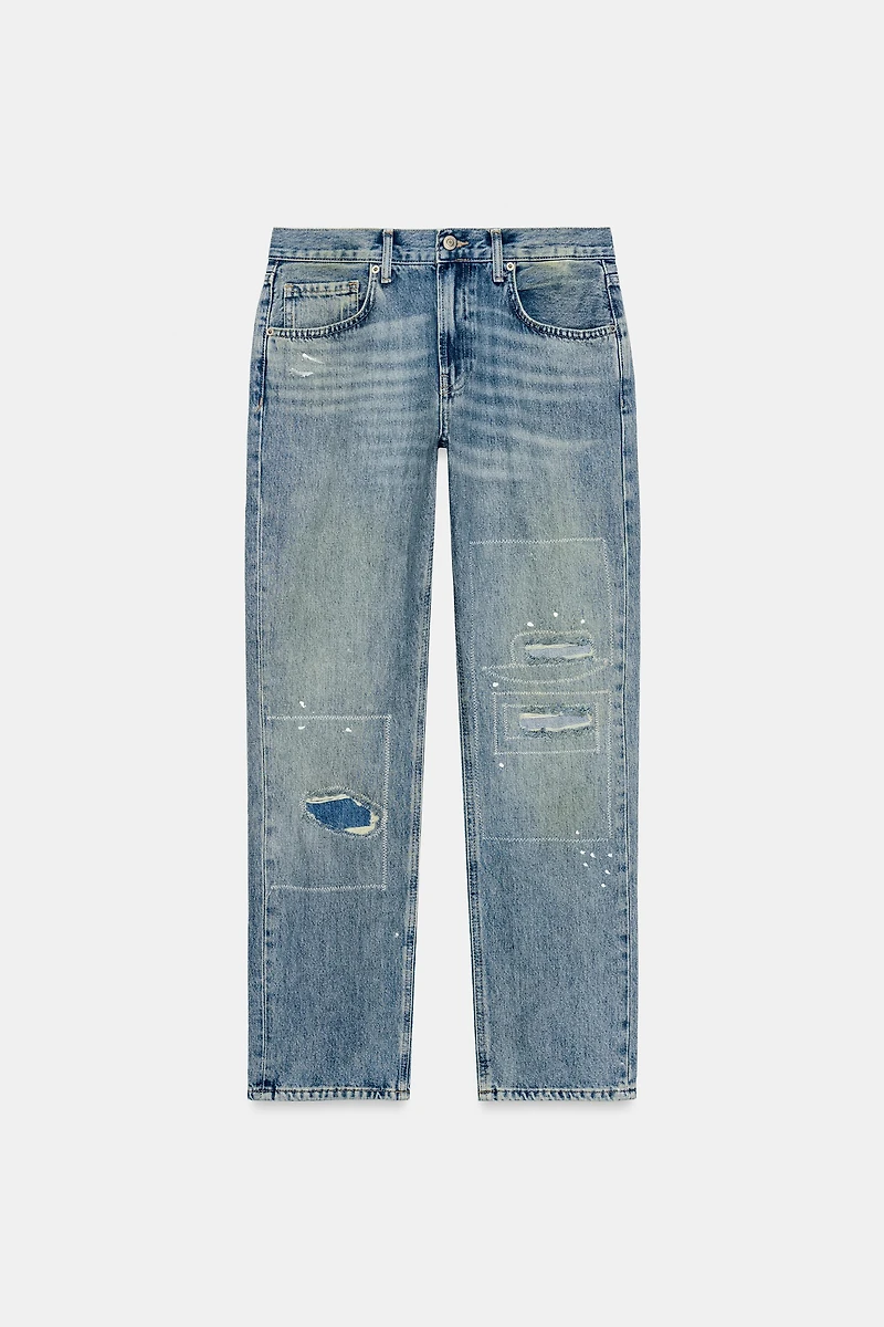 ZW COLLECTION MID-RISE RIPPED STRAIGHT LEG JEANS