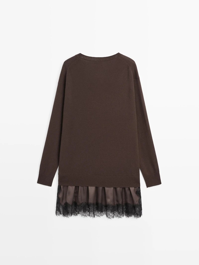 Long knit sweater with contrast lace