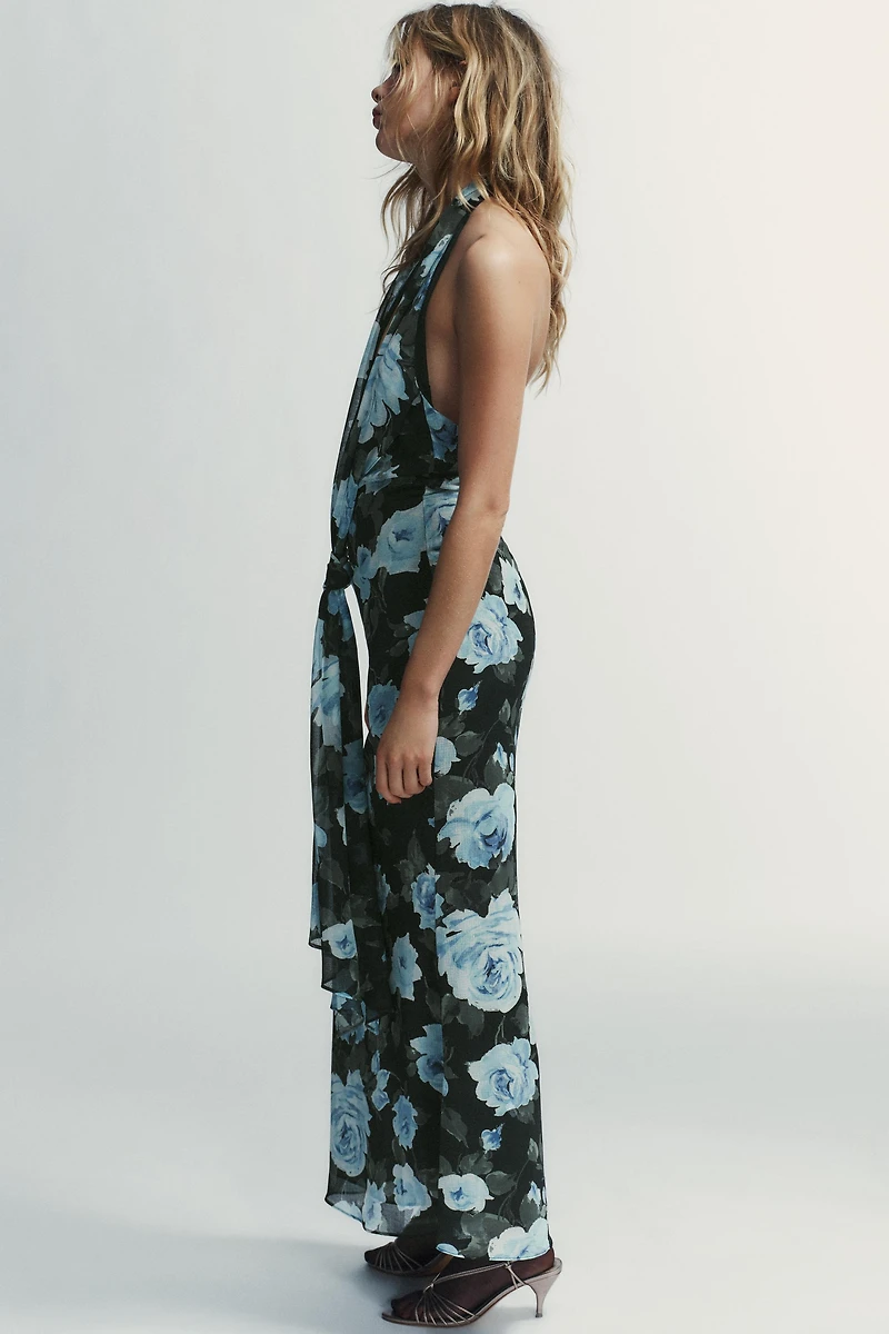 LONG FLORAL PRINT KNOTTED DRESS