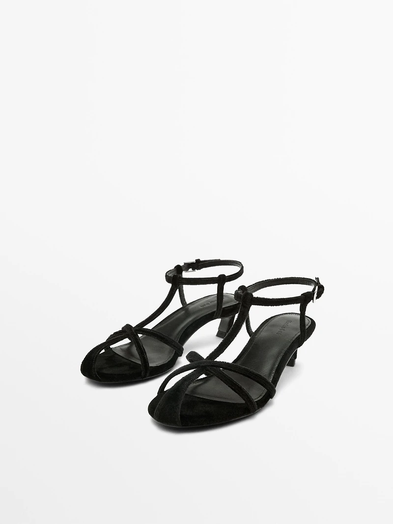 Velvet heeled cage sandals