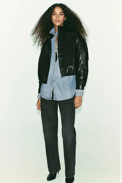 HIGH COLLAR FAUX LEATHER BOMBER JACKET