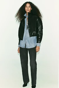 HIGH COLLAR FAUX LEATHER BOMBER JACKET