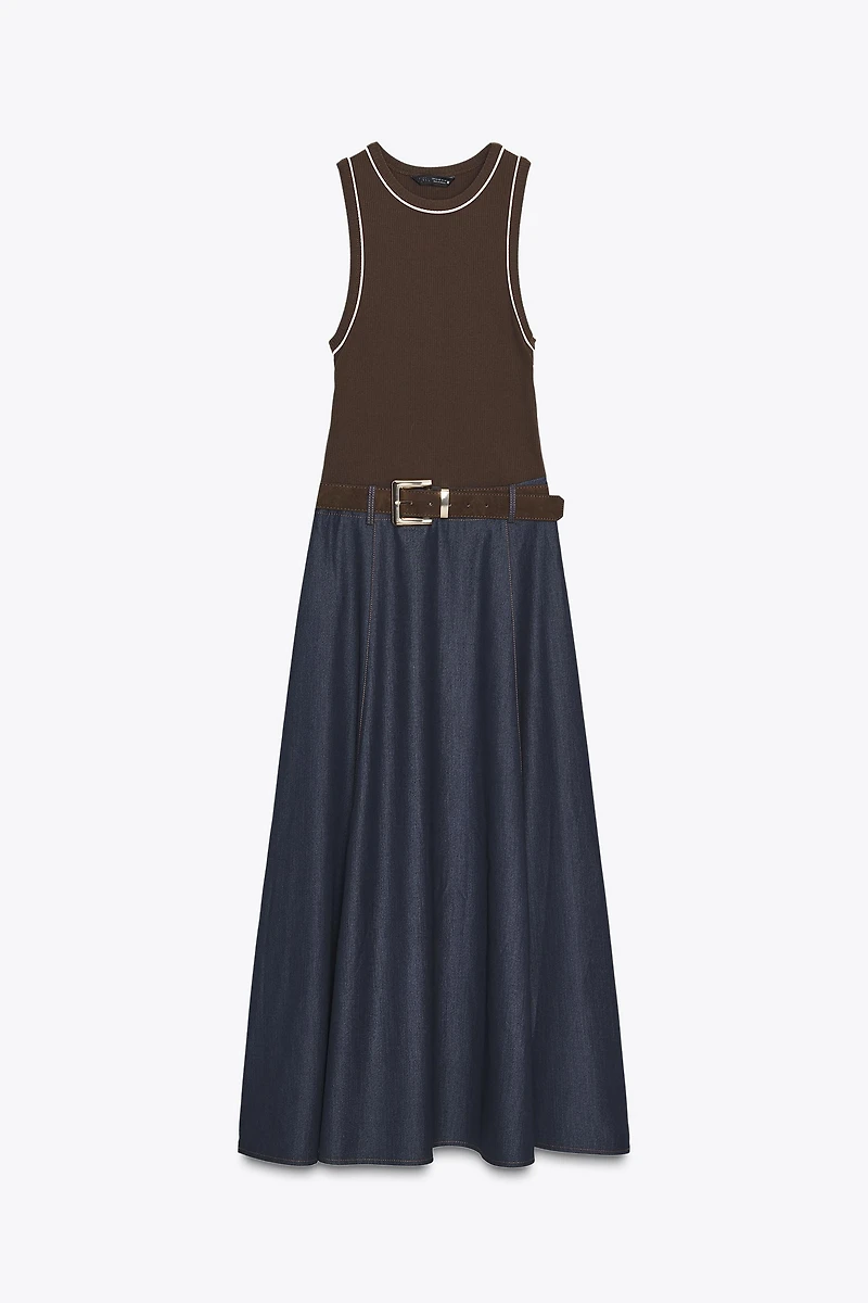 BELTED COMBINATION MIDI DRESS