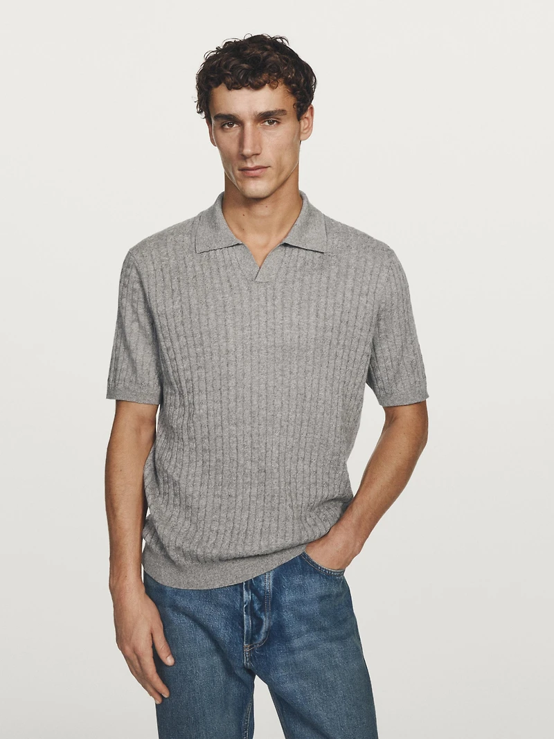 Pull polo en maille tressée lin et coton