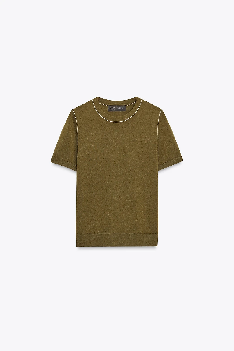 CONTRAST TRIM KNIT SHORT SLEEVE TOP