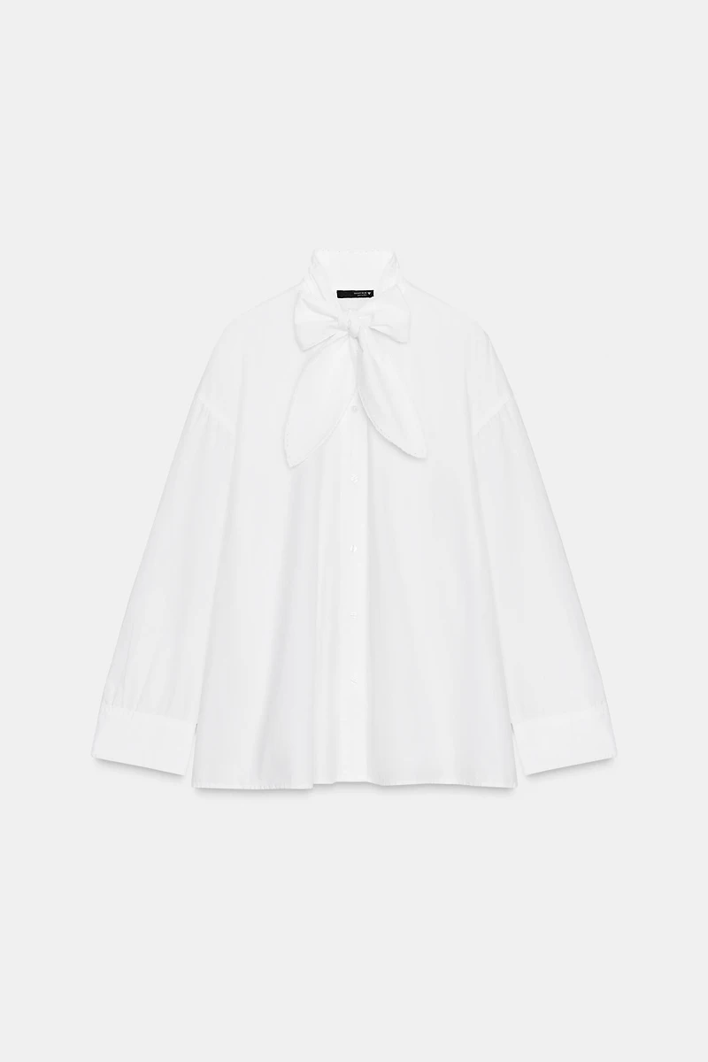 CHEMISE OVERSIZE EN POPELINE AVEC NŒUD ET DENTELLE