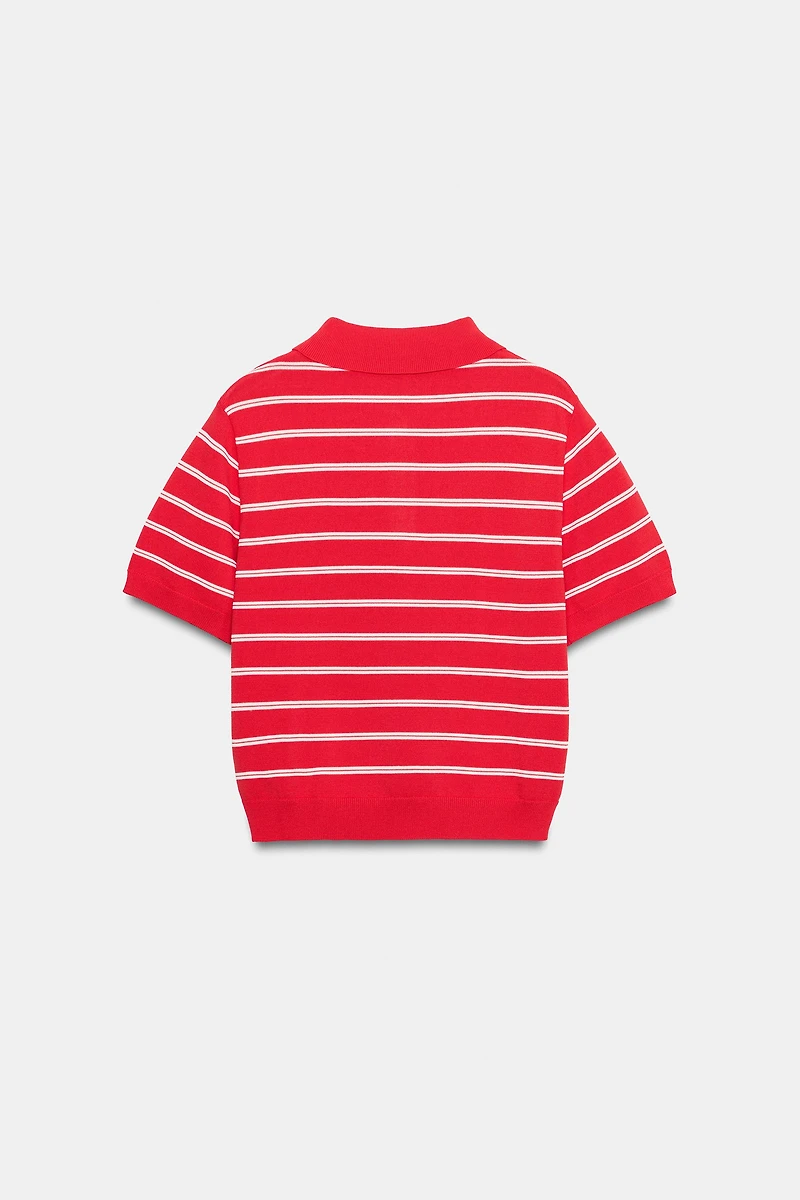 STRIPED SHORT SLEEVE KNIT POLO TOP