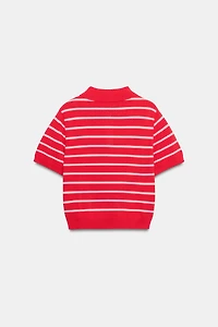 STRIPED SHORT SLEEVE KNIT POLO TOP