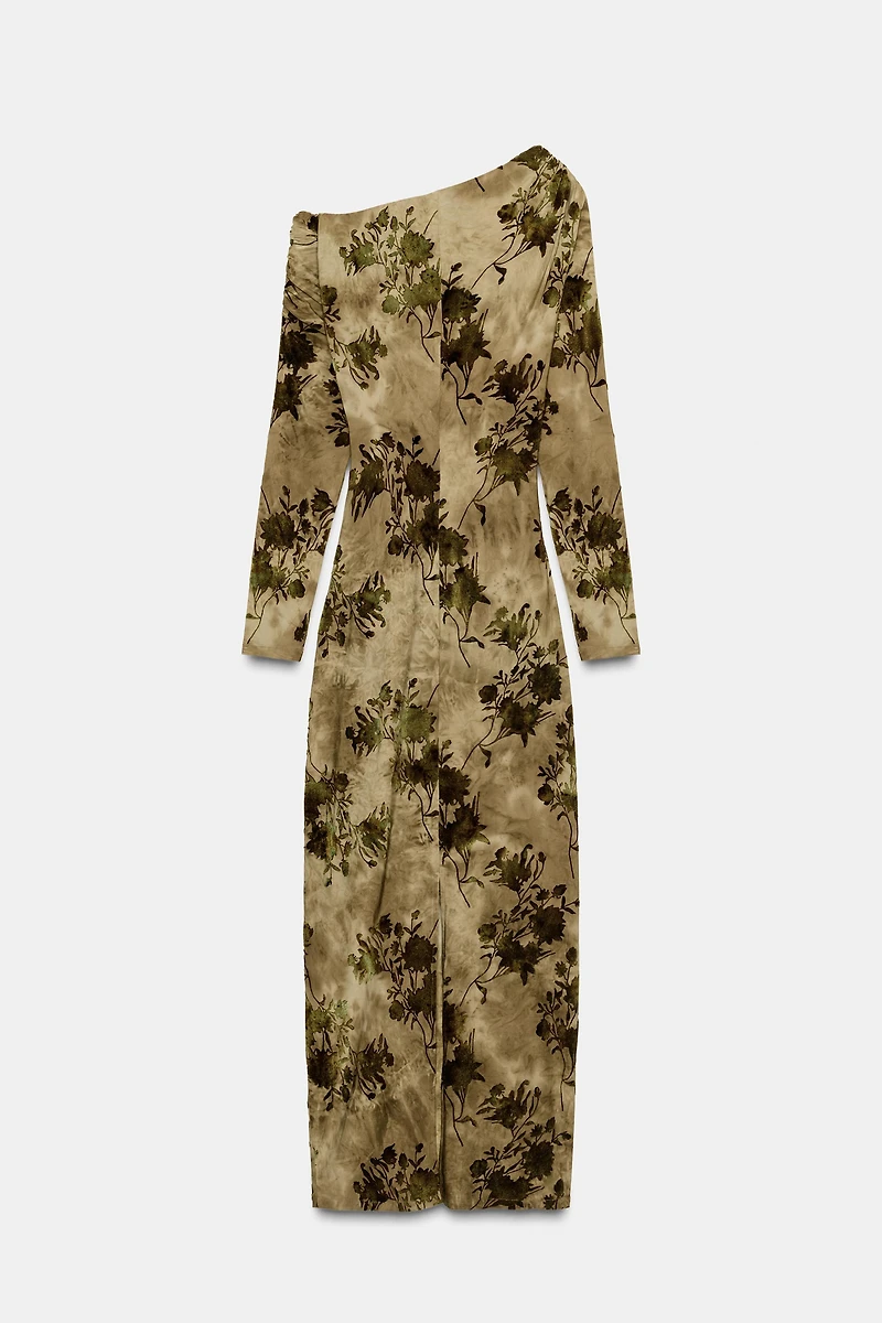 RUCHED FLOCKED DRESS