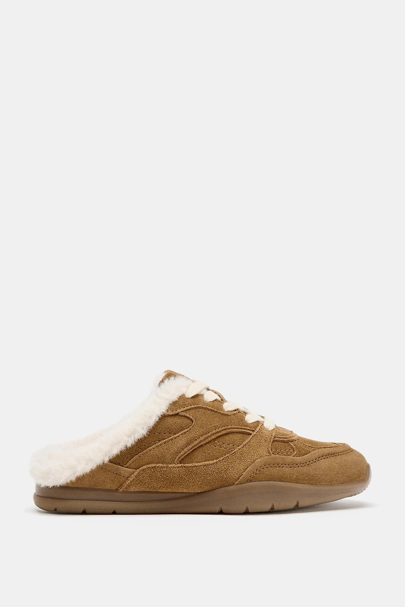 SPLIT LEATHER MULE SNEAKERS WITH FAUX FUR