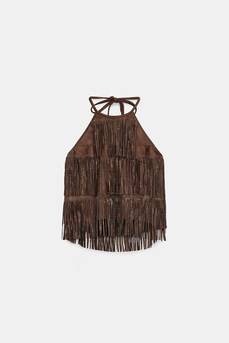 SHIMMER FAUX SUEDE FRINGE TOP