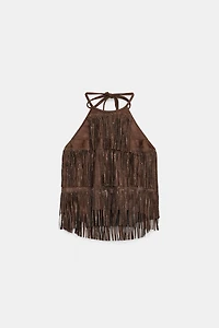 SHIMMER FAUX SUEDE FRINGE TOP