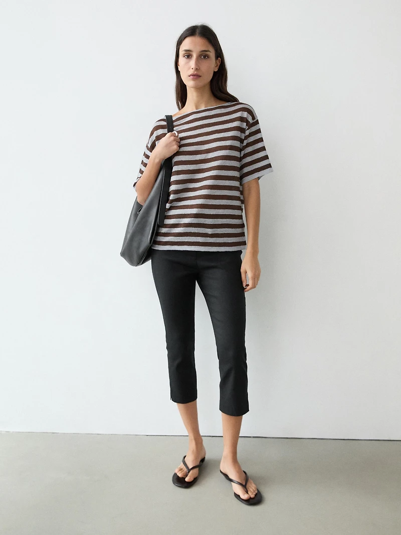 Striped linen boat neck T-shirt