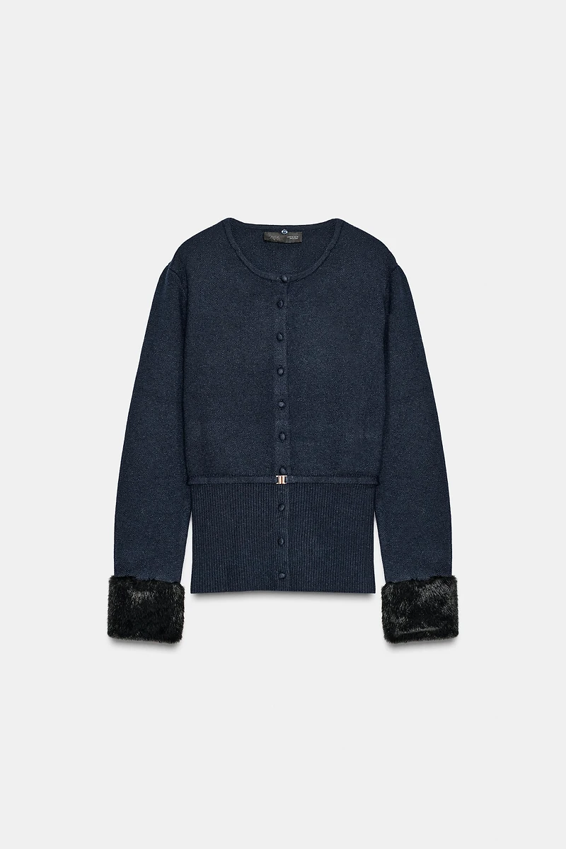 FAUX FUR TRIM COMBINATION CARDIGAN