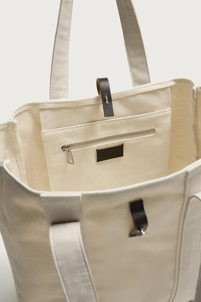 SHOPPER EN TISSU AVEC FERMETURE CUIR
