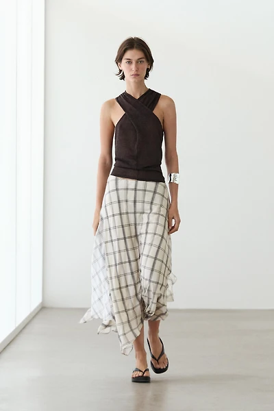 Asymmetric midi skirt with check detail