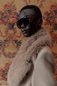 WOOL COAT WITH FAUX FUR LAPEL AND BELT