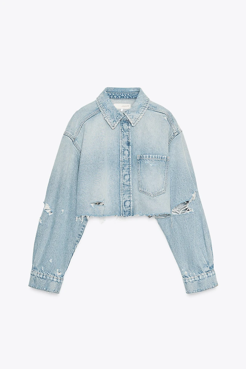 SURCHEMISE COURTE EN JEAN TRF DÉCHIRÉE