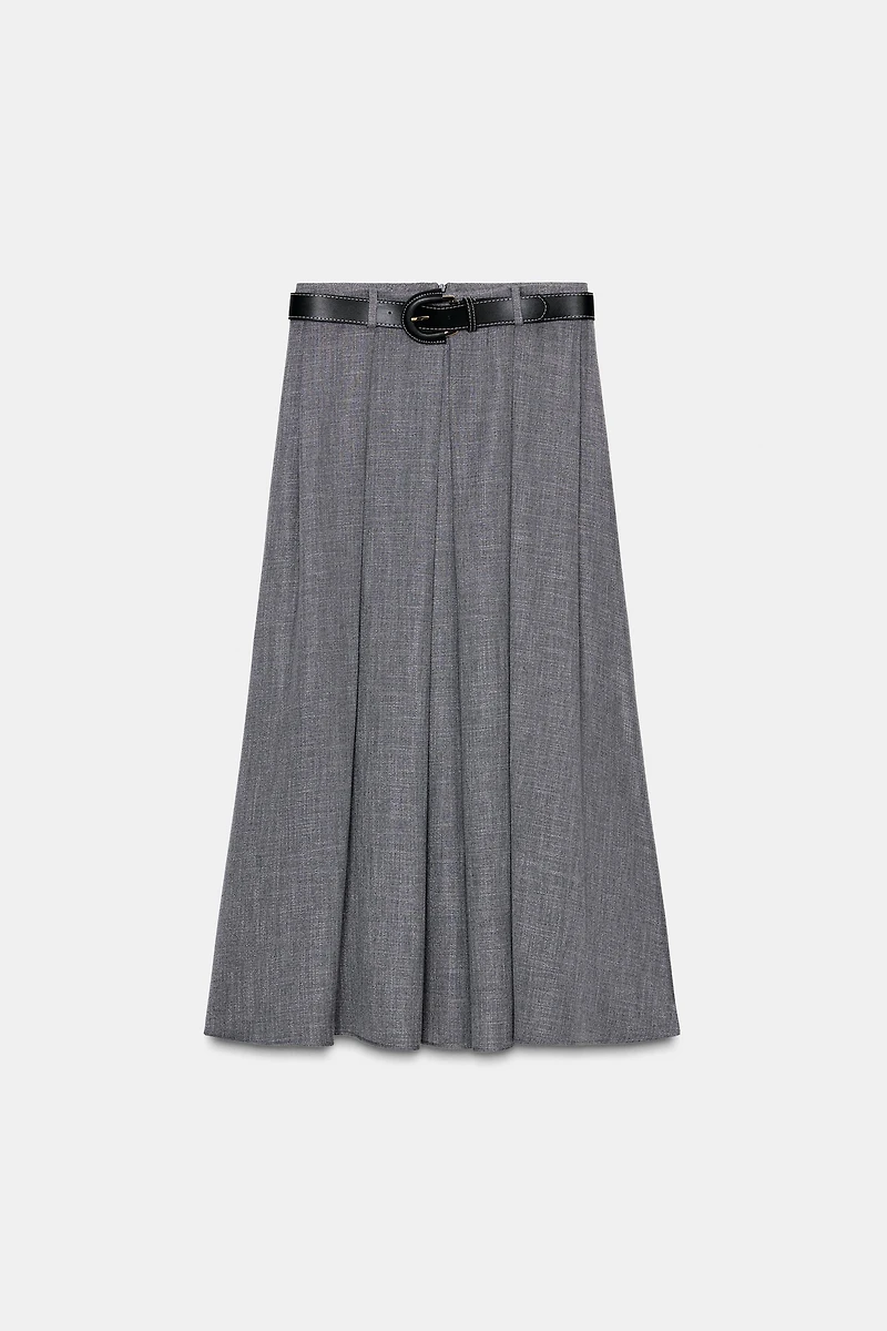 PLEATED BELTED MIDI SKIRT