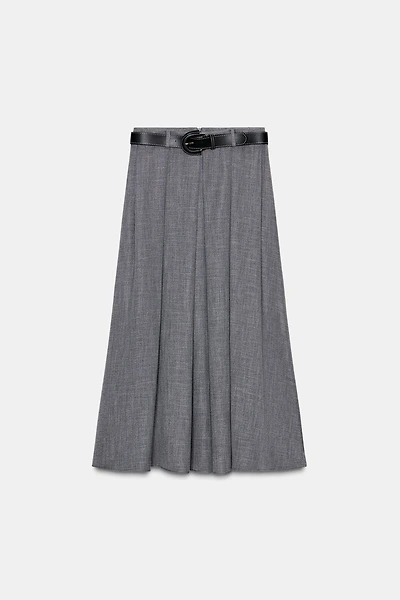 PLEATED BELTED MIDI SKIRT