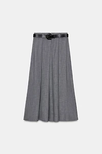 PLEATED BELTED MIDI SKIRT