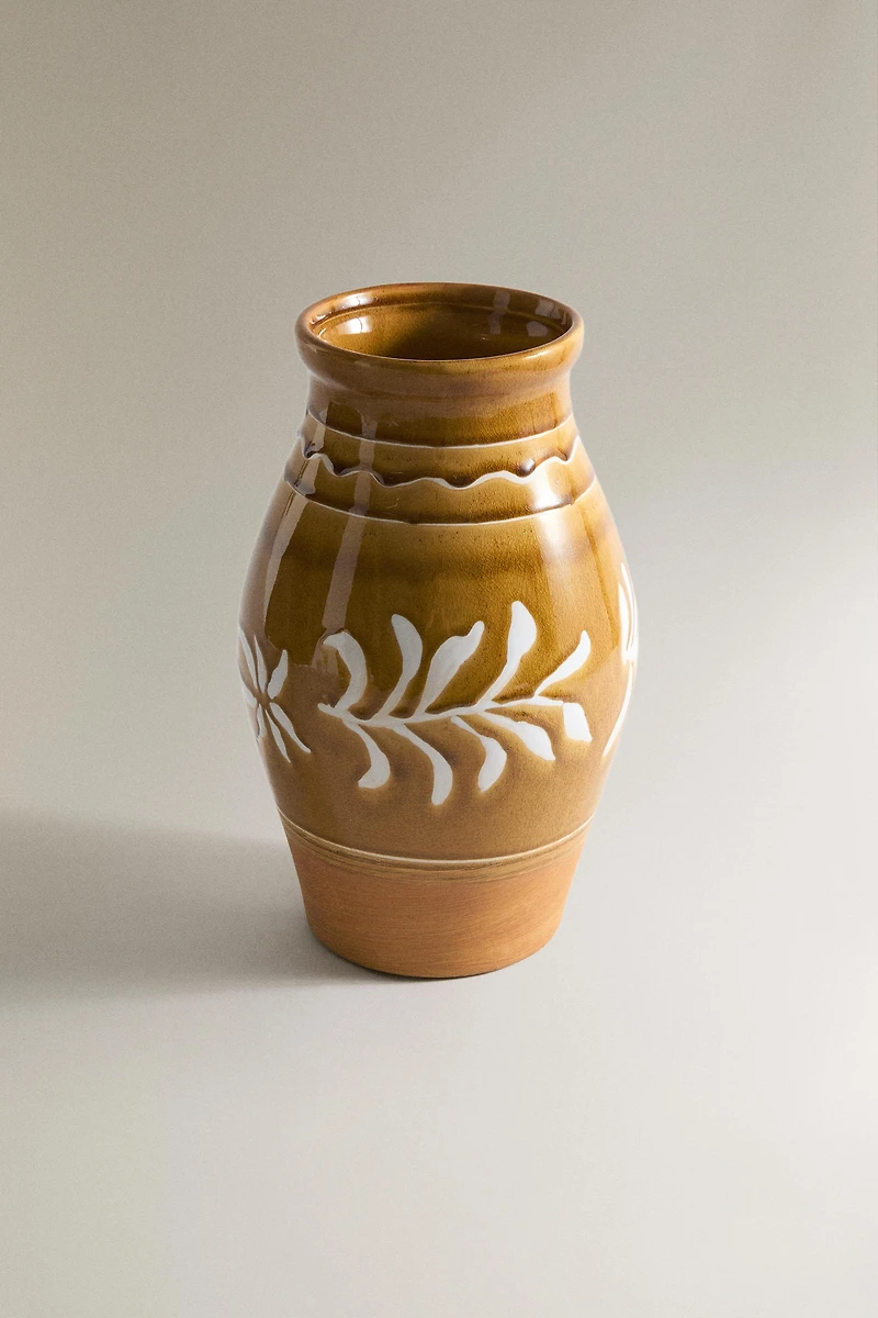 LEAF PRINT STONEWARE VASE