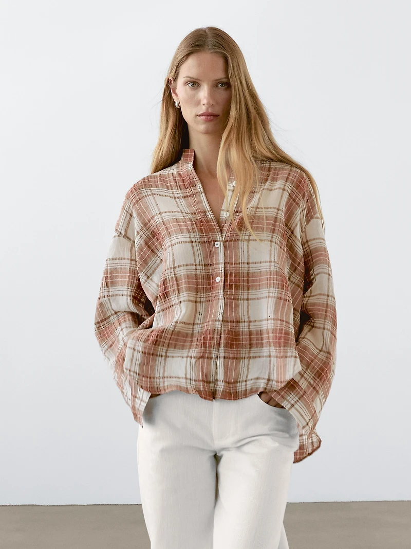 Oversized checked shirt with stand collar