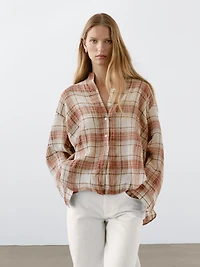 Oversized checked shirt with stand collar
