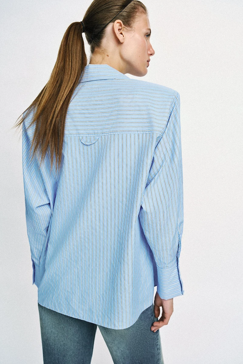 STRIPED SHOULDER PAD POPLIN SHIRT