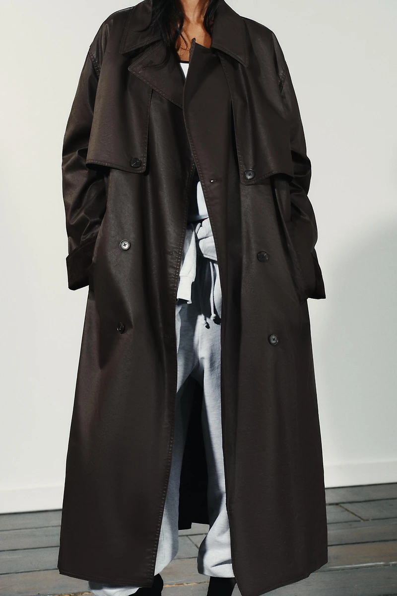 LONG WAXED TRENCH COAT WITH CORDUROY CUFFS