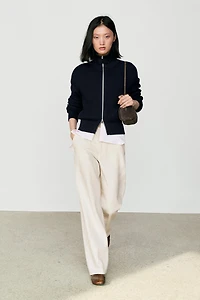 100% cotton knit cardigan with high neck detail