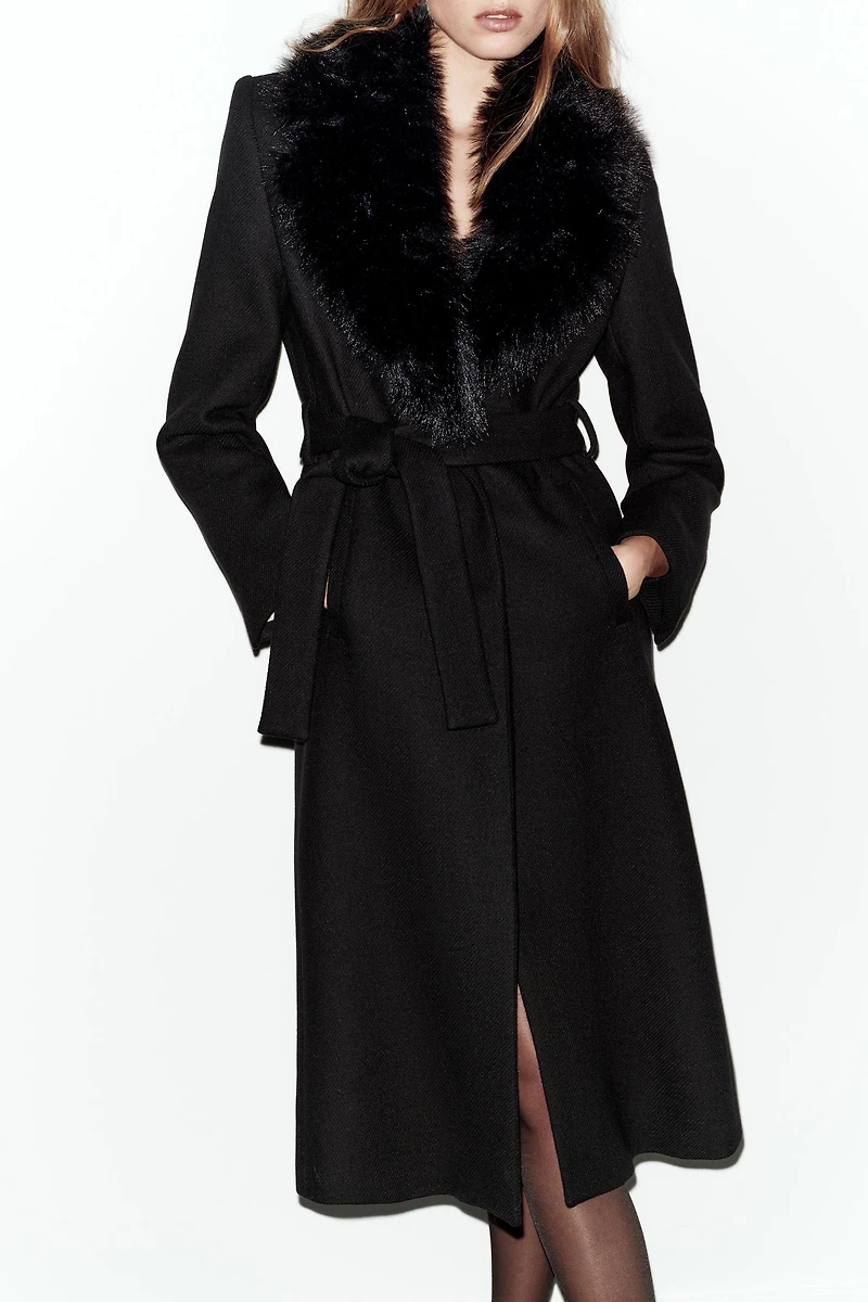 WOOL COAT WITH FAUX FUR LAPEL AND BELT