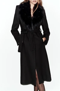 WOOL COAT WITH FAUX FUR LAPEL AND BELT