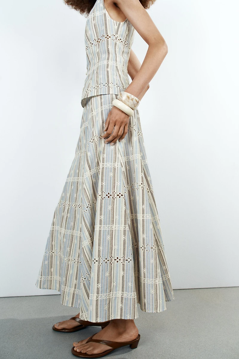 STRIPED EMBROIDERED MIDI SKIRT