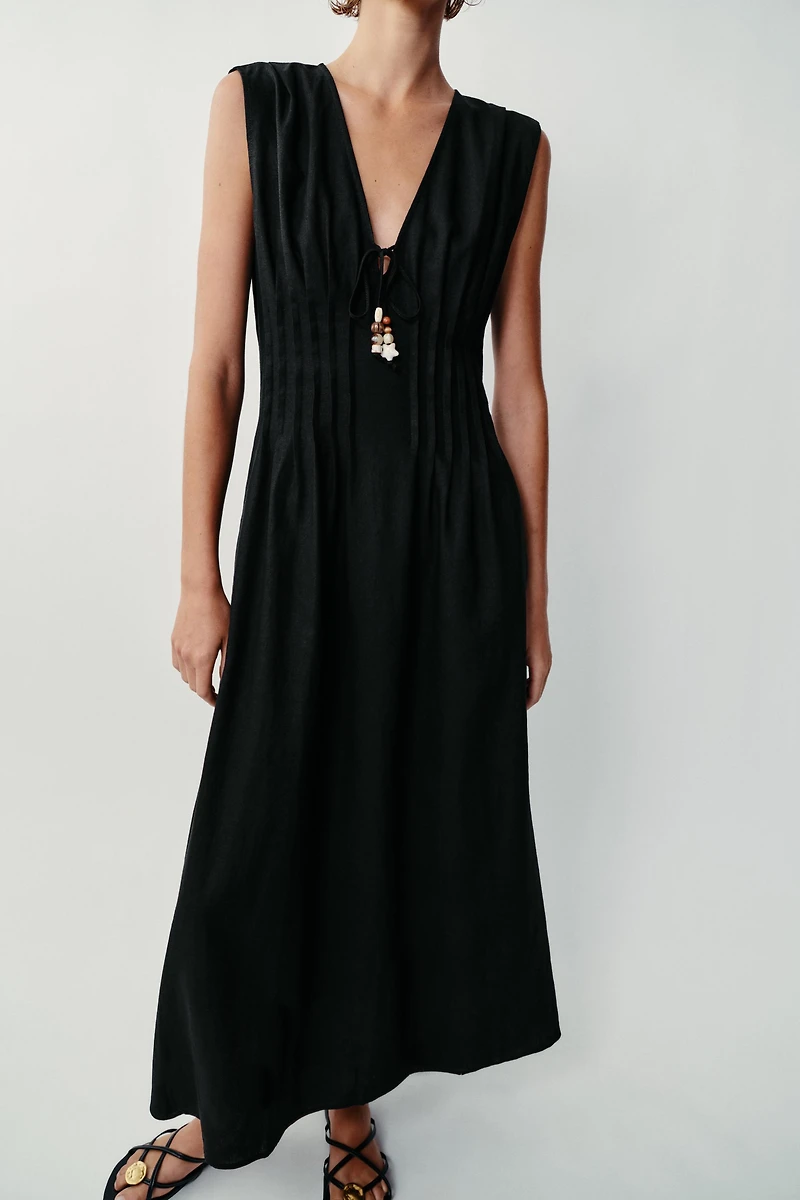 LINEN PINTUCK MIDI DRESS