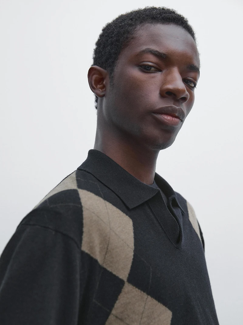 Pull polo laine en maille à losanges