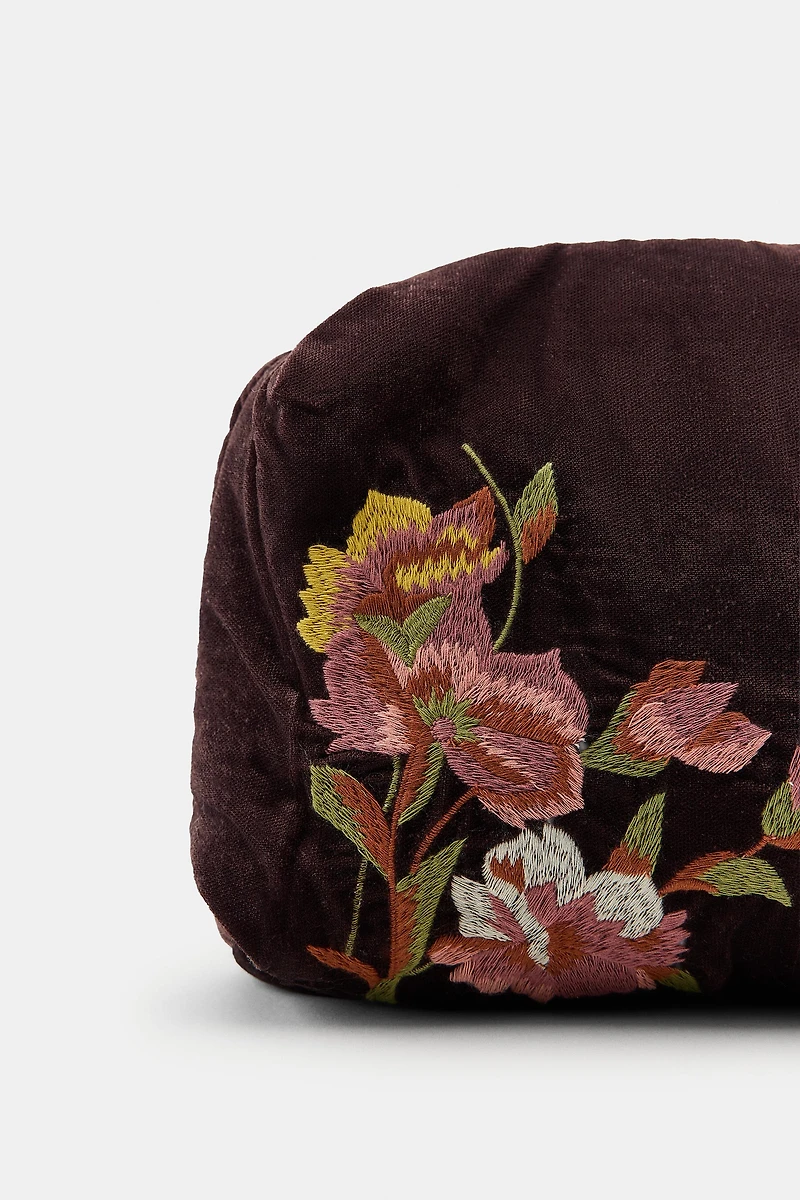 QUILTED VELVET TOILETRY BAG WITH EMBROIDERED FLOWERS