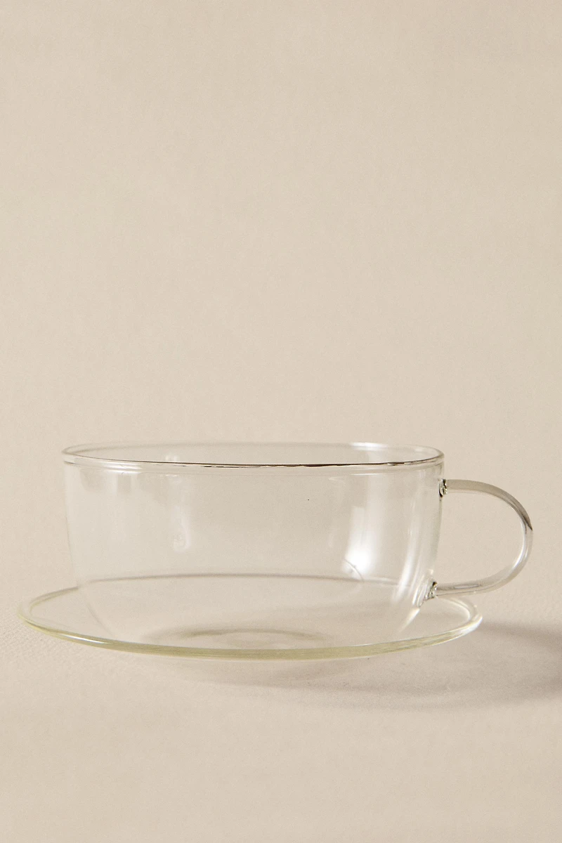 BOROSILICATE GLASS COFFEE CUP AND SAUCER WITH SILVER RIM