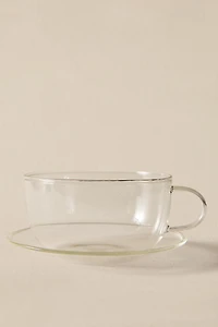 BOROSILICATE GLASS COFFEE CUP AND SAUCER WITH SILVER RIM