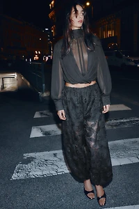 DRAPED SEMI-SHEER PUFF SLEEVE TOP