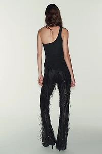 ASYMMETRIC FRINGE BODYSUIT WITH SPARKLE EMBELLISHMENT