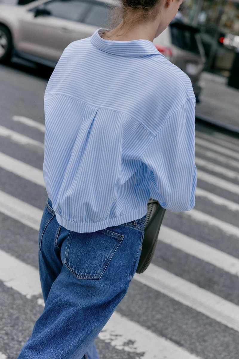 CROPPED STRIPED OXFORD SHIRT WITH WAIST PLEATS