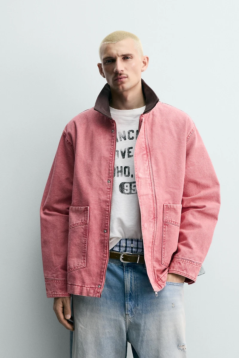 RELAXED FIT WASHED JACKET WITH CONTRAST COLLAR
