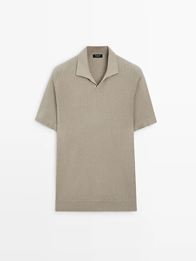 Cotton blend knit V-neck polo sweater