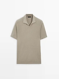 Cotton blend knit V-neck polo sweater