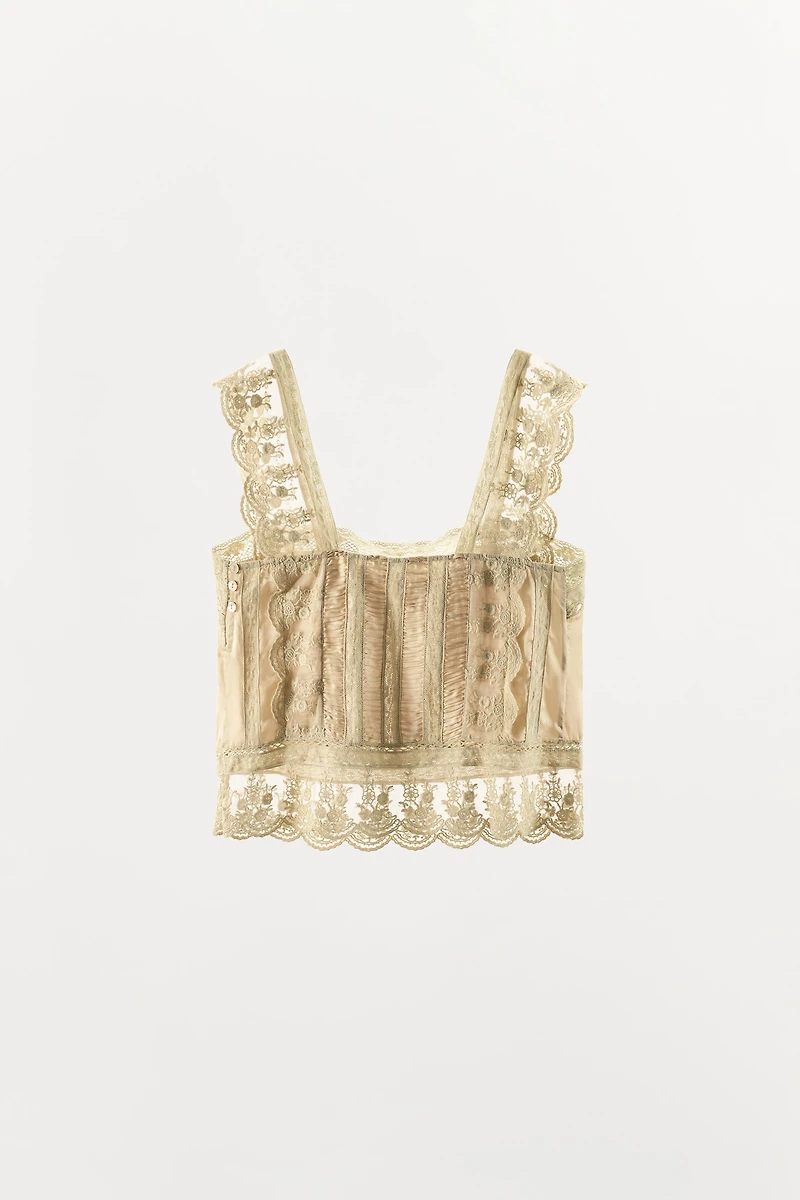 SATIN EFFECT PLEATED LACE TOP