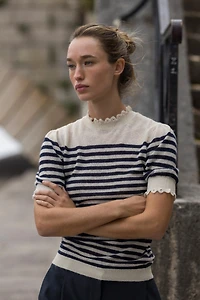 RUFFLE TRIM STRIPED KNIT TOP