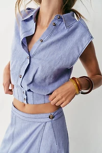 LINEN TOP WITH TOPSTITCHING